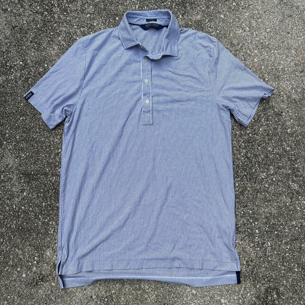 Polo Golf Ralph Lauren Mens Small Blue White Striped Stretch Lisle Polo Shirt